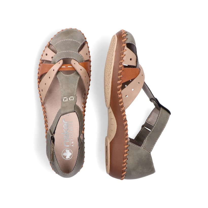Grünbraune Rieker Damen Sandalen M1655-54, Barfußschuhe mit modernen Ziernähten. Schuh von oben, liegend.