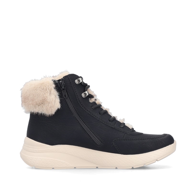 Vegane, schwarze Rieker Damen Sneaker High M8510-00 mit weichem Kragen. Schuh Innenseite.
