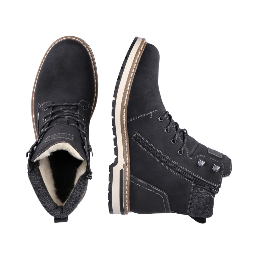 Schwarze Rieker Herren Schnürstiefel F3832-00 mit wasserabweisender TEX-Membran. Schuh von oben, liegend.