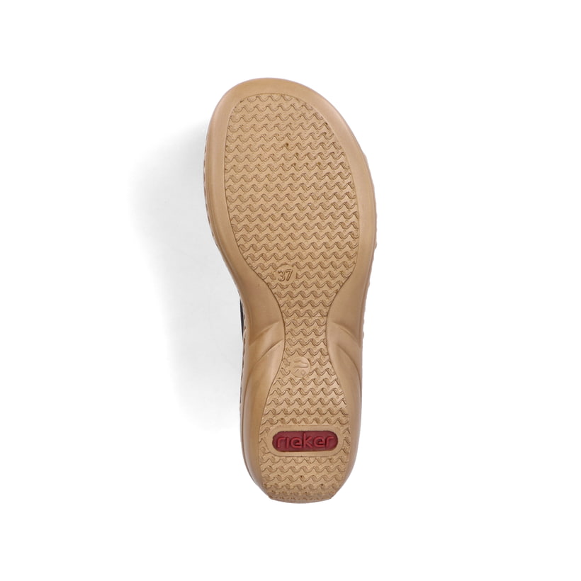 Schwarze Rieker Damen Pantoletten 60881-00 mit einem Klettverschluss. Schuh Laufsohle.