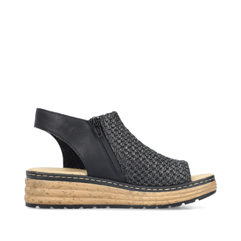 Schwarze Rieker Keilsandaletten 62783-00 mit Reißverschluss sowie Extraweite H. Schuh Innenseite.