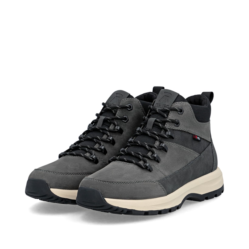 Graue Rieker Herren Schnürstiefel U1671-42 aus Rauleder. Schuhpaar seitlich schräg.