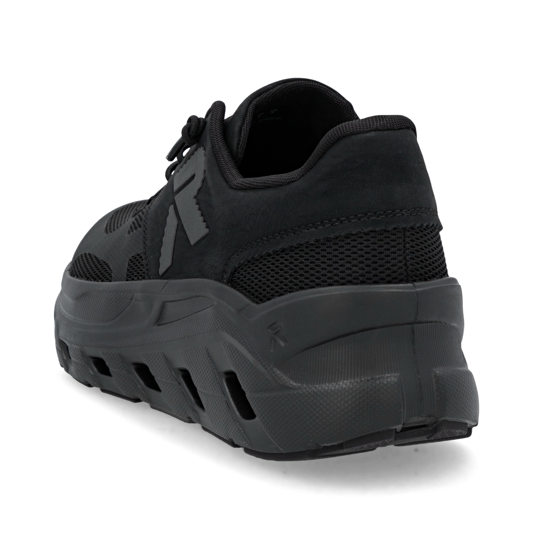 Baskets basses Rieker noires pour femme W3500-01 avec lacets. Chaussure vue de l'arrière.