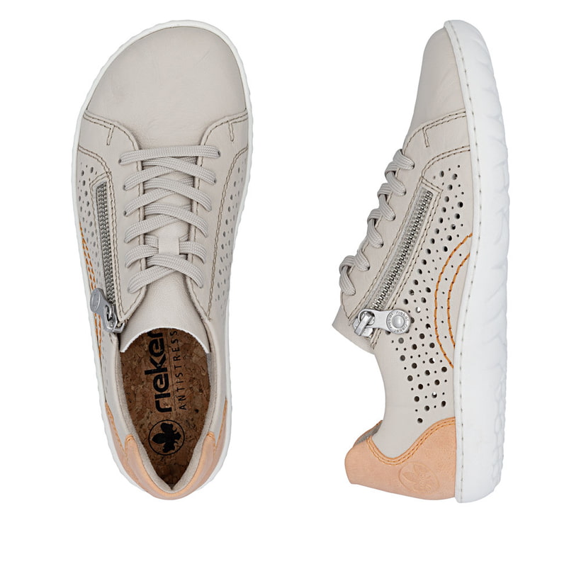 Beige Rieker Damen Schnürschuhe 52824-60 aus Glattleder, Barfußschuhe. Schuh von oben, liegend.