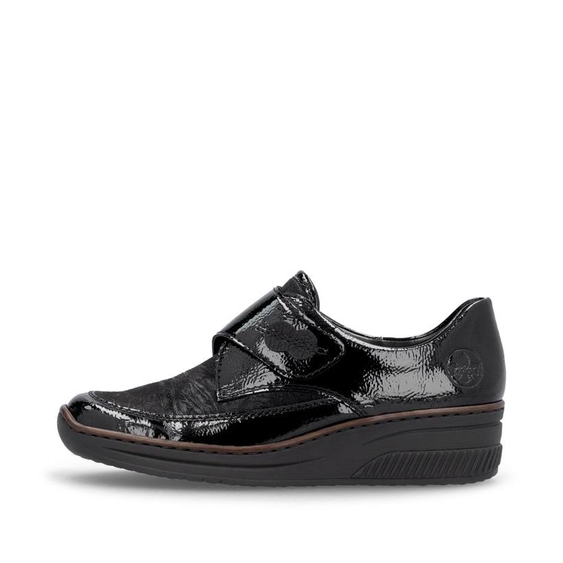 Mocassins Rieker noirs pour femme 487C0-00 avec fermeture velcro. Côté extérieur de la chaussure.