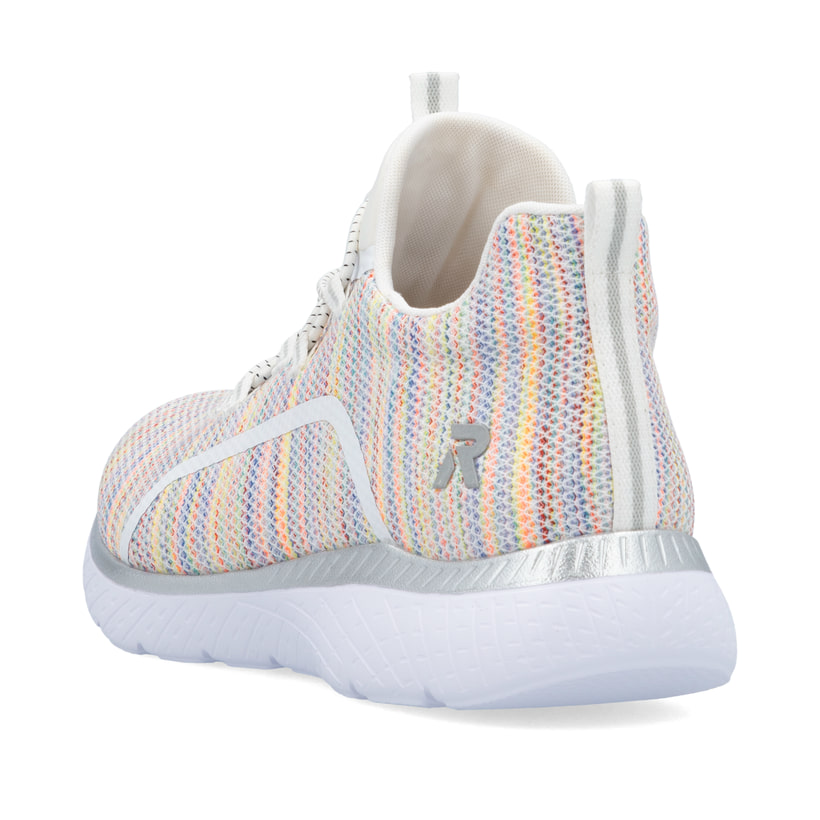 Mehrfarbige Rieker Damen Slipper M5070-90 mit Gummizug sowie ultraleichter Sohle. Schuh von hinten.