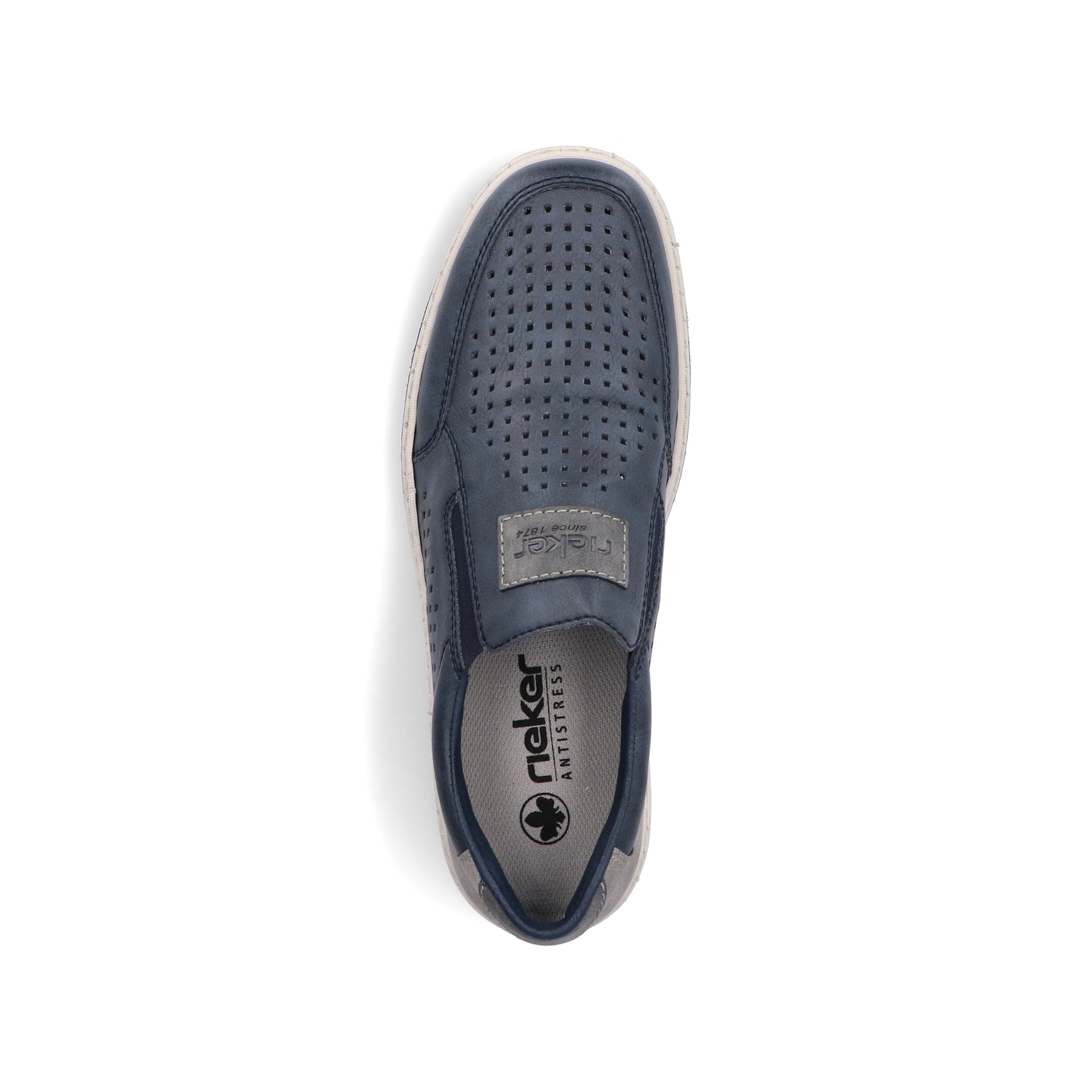 Blaue Rieker Herren Slipper 18267-15 mit einem Gummizug sowie Komfortweite G 1/2. Schuh von oben.