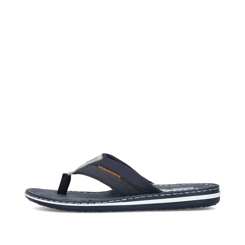 Marineblaue Rieker Herren Zehentrenner 21097-14 mit orangenen Ziernähten. Schuh Außenseite.