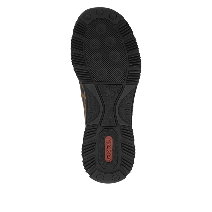 Braunschwarze Rieker Damen Slipper N32G0-90 mit Leo-Print sowie einem Gummizug. Schuh Laufsohle.