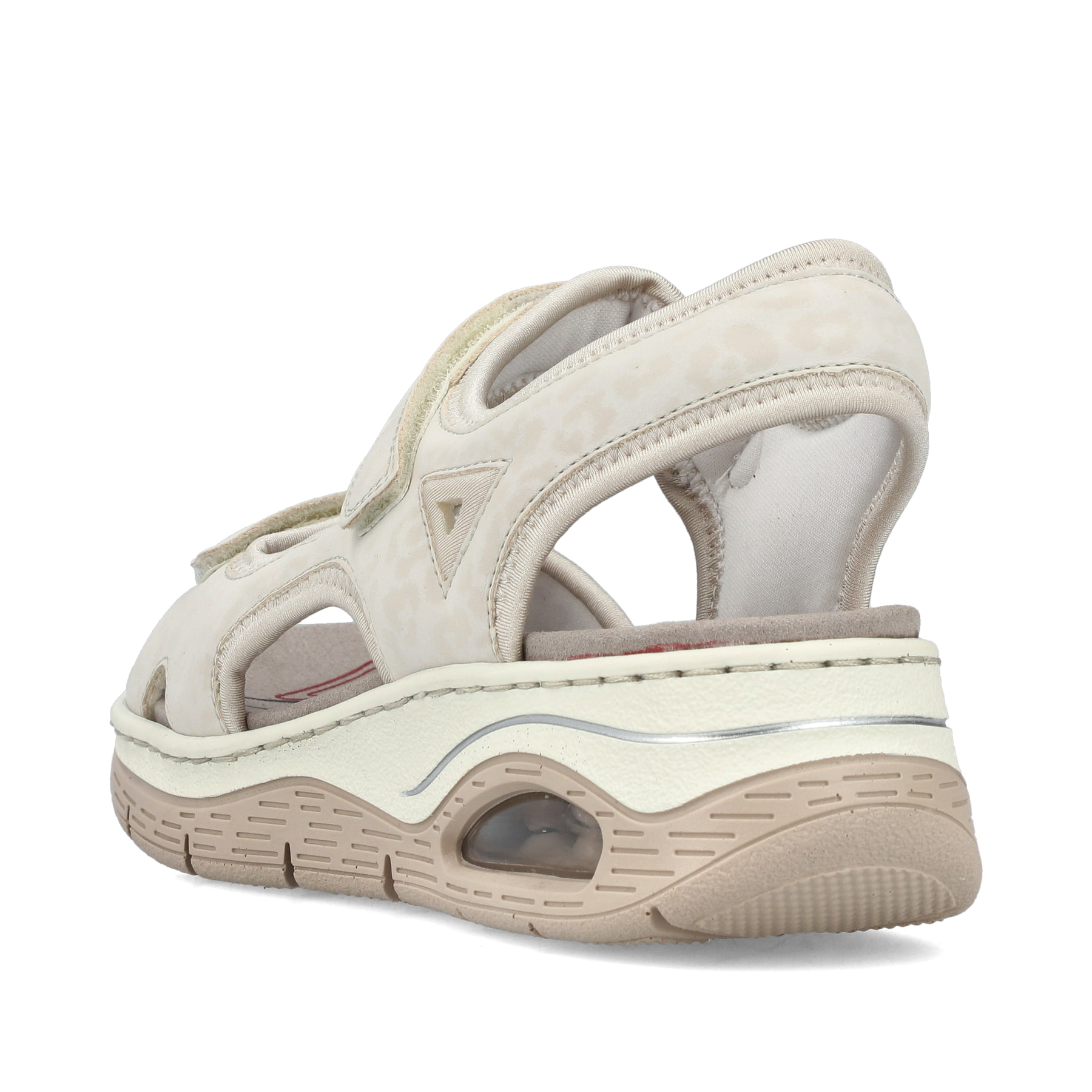 Beige vegane Rieker Damen Trekkingsandalen 67666-60 mit Rieker Air Sohlenfenster. Schuh von hinten.
