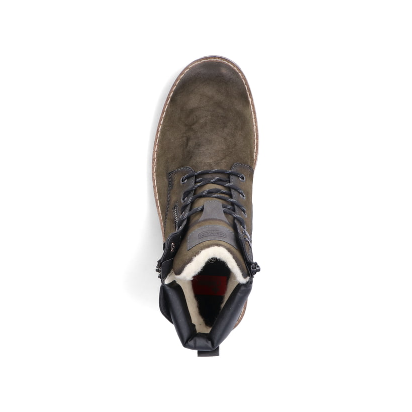 Olivgrüne Rieker Herren Schnürstiefel 38425-54 mit Schnürung und Reißverschluss. Schuh von oben