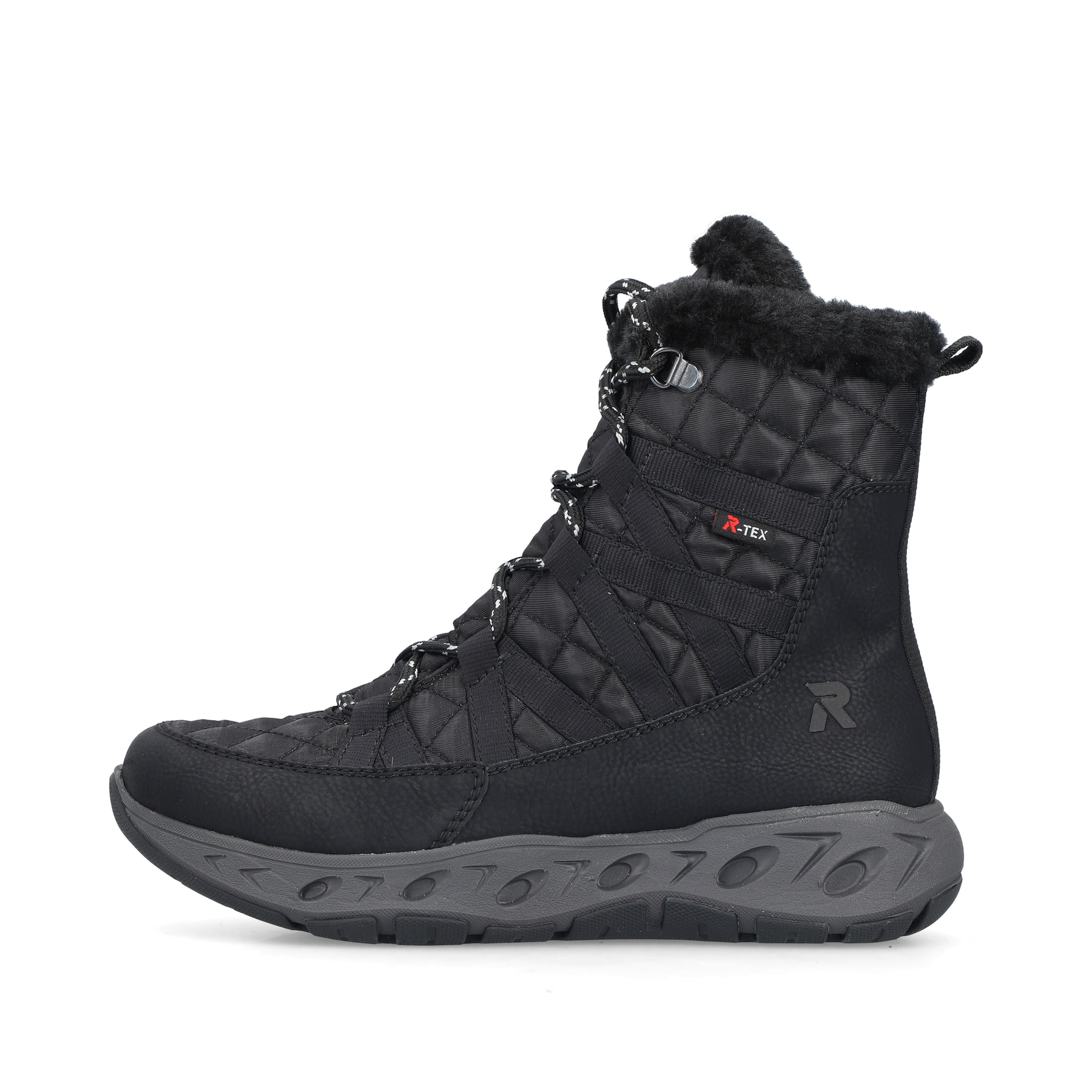 Schwarze Rieker Damen Schnürstiefel M6540-00 mit wasserabweisender TEX-Membran. Schuh Außenseite.