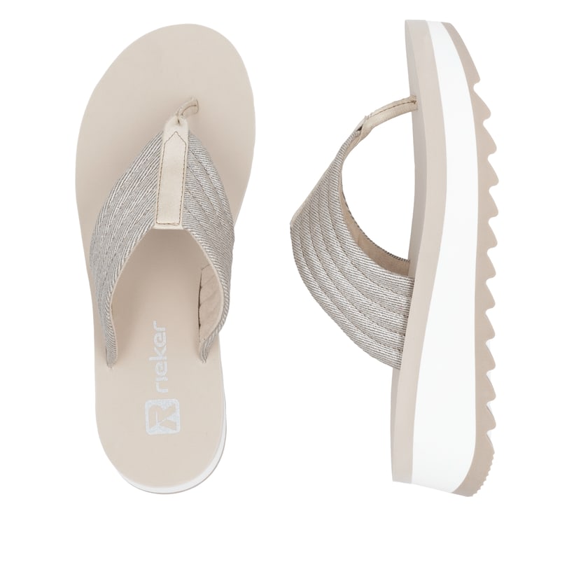 Beige vegane Rieker Damen Zehentrenner W3054-60 mit griffiger und leichter Sohle. Schuh von oben, liegend.