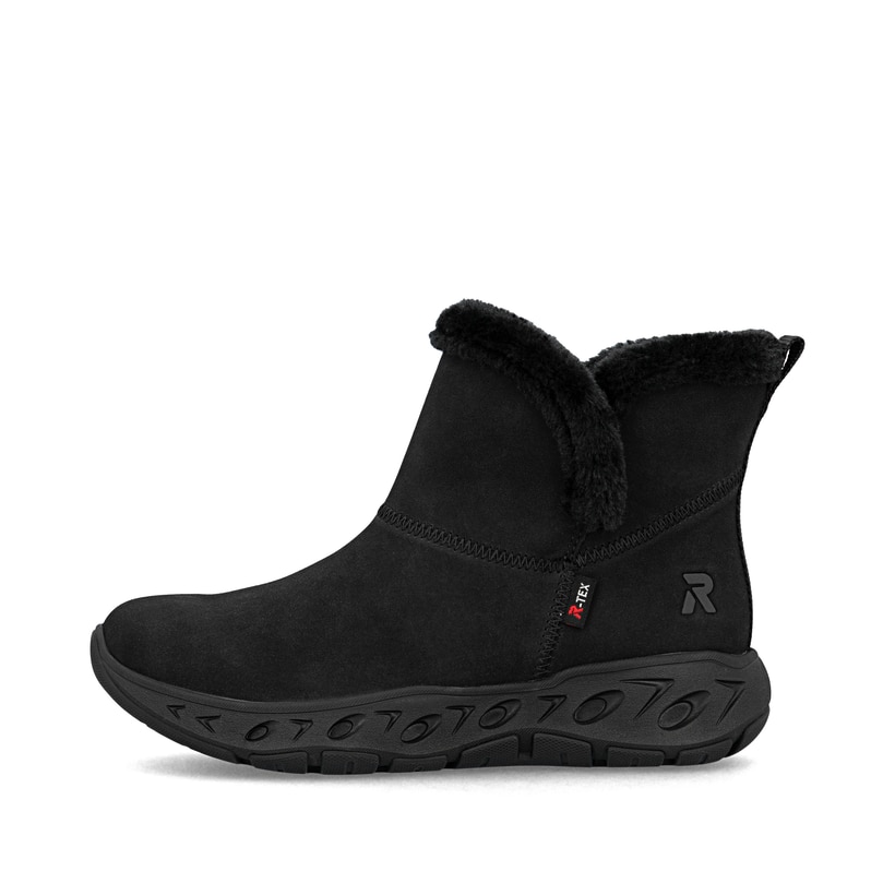 Schwarze Rieker Damen Kurzstiefel M6554-00 mit wasserabweisender TEX-Membran. Schuh Außenseite.