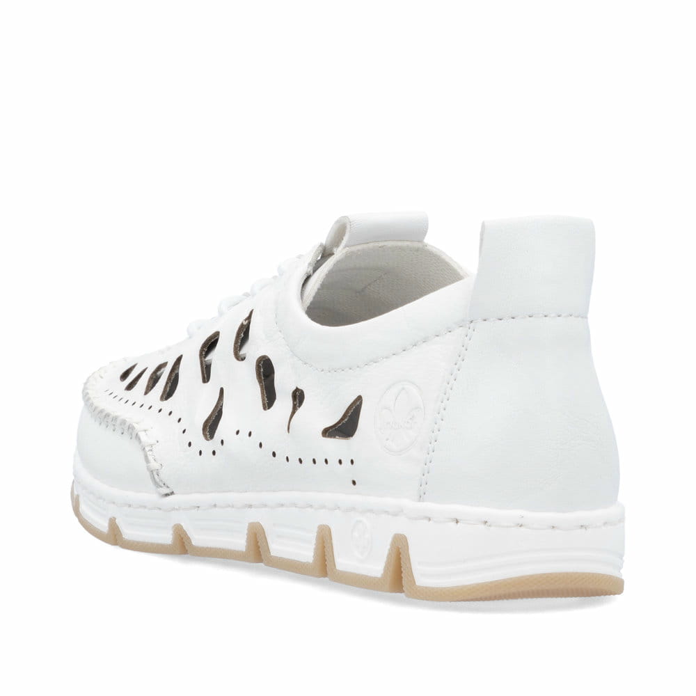 Weiße Rieker Damen Slipper 49956-80, Barfußschuhe mit einem Gummizug. Schuh von hinten.