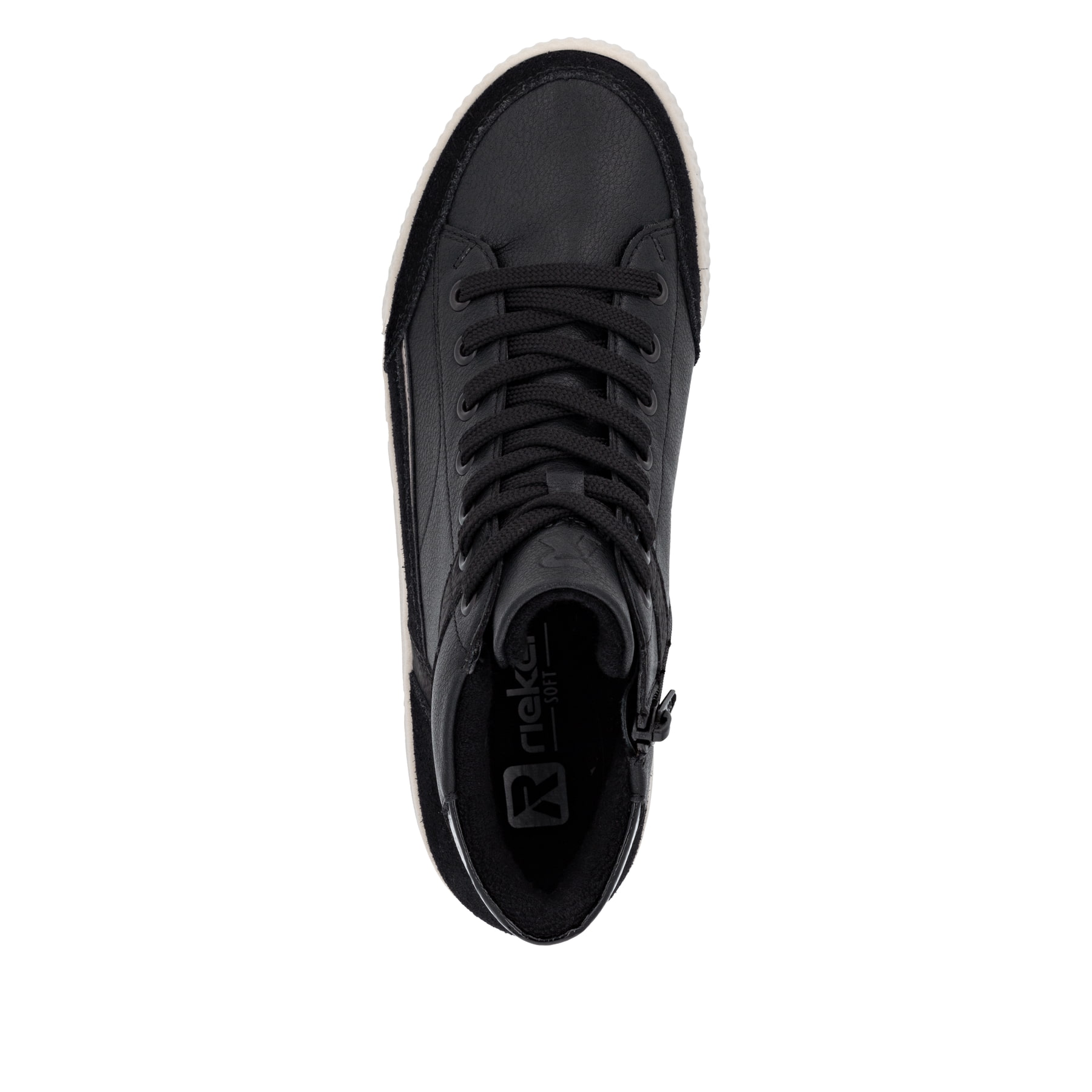 Schwarze Rieker Damen Sneaker High W0171-00 aus Glattleder mit Reißverschluss. Schuh Laufsohle.