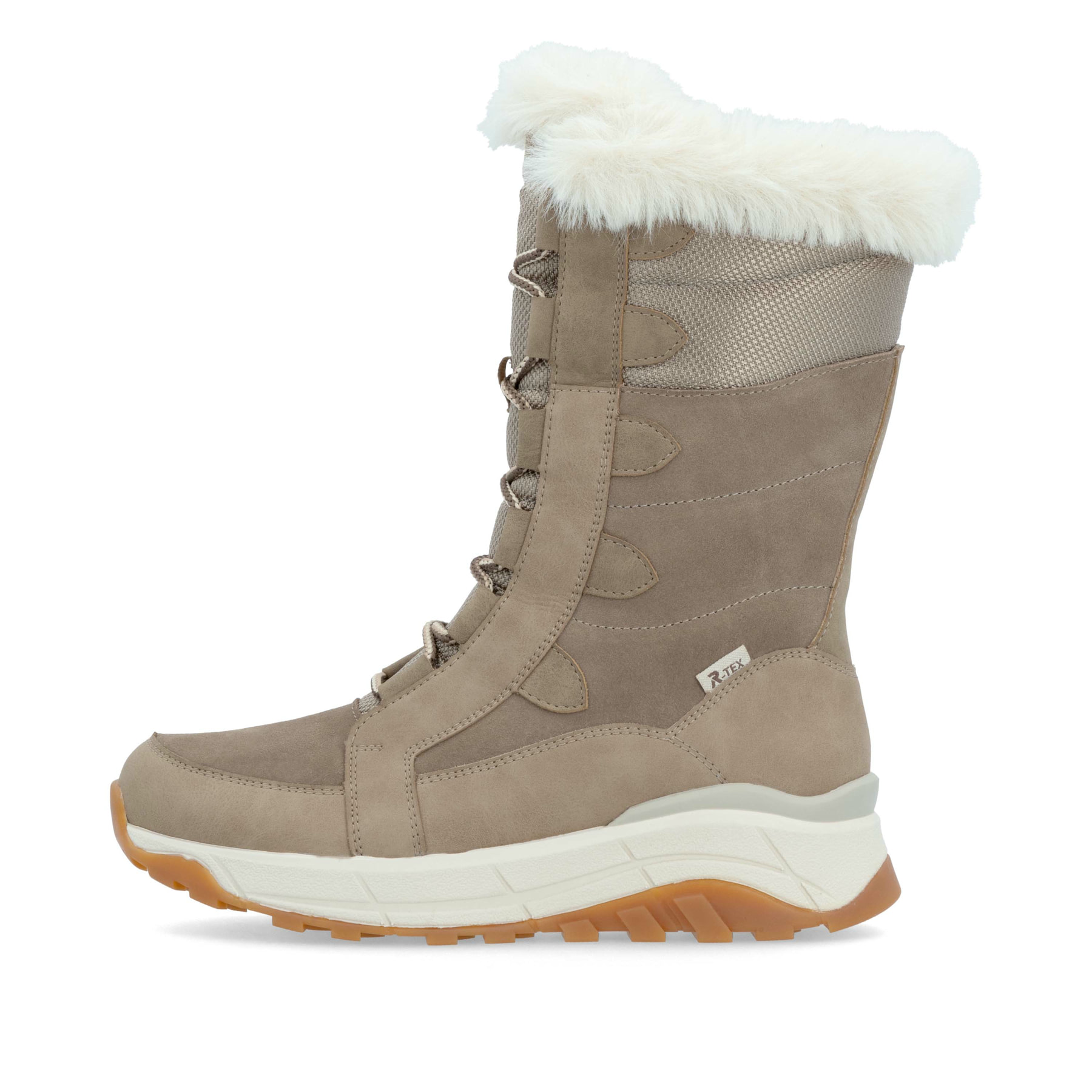 Beige Rieker Damen Schnürstiefel W0070-64 mit wasserabweisender TEX-Membran. Schuh Außenseite.