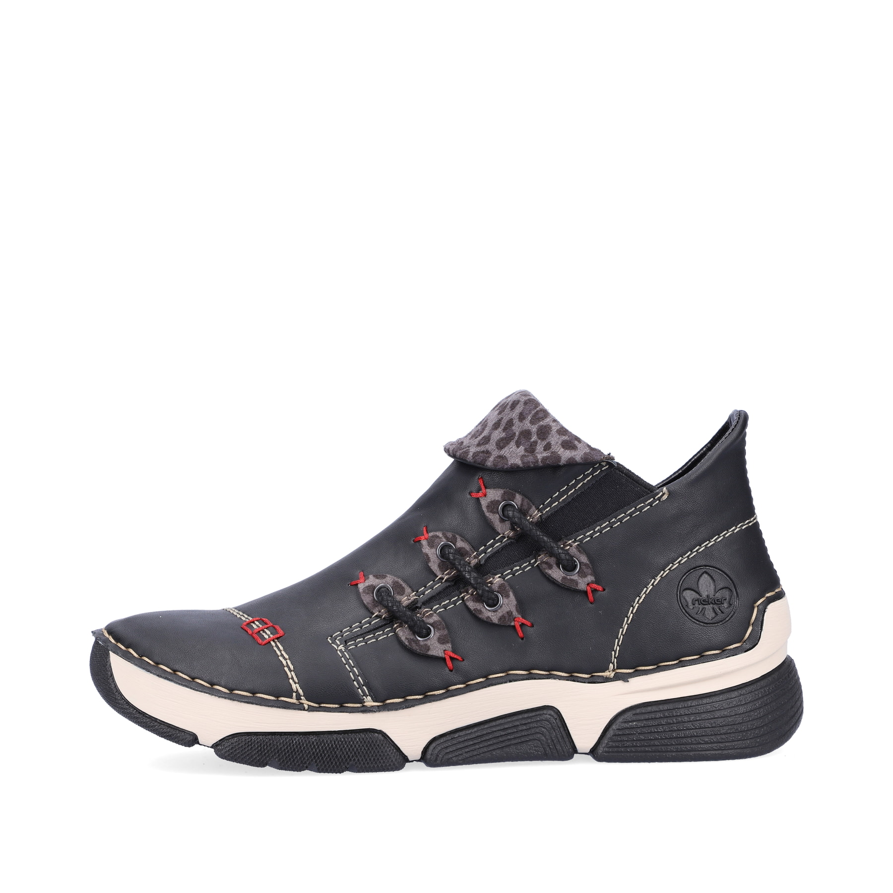 Schwarz-graue Rieker Damen Kurzstiefel 45983-00 mit einem Reißverschluss. Schuh Außenseite.