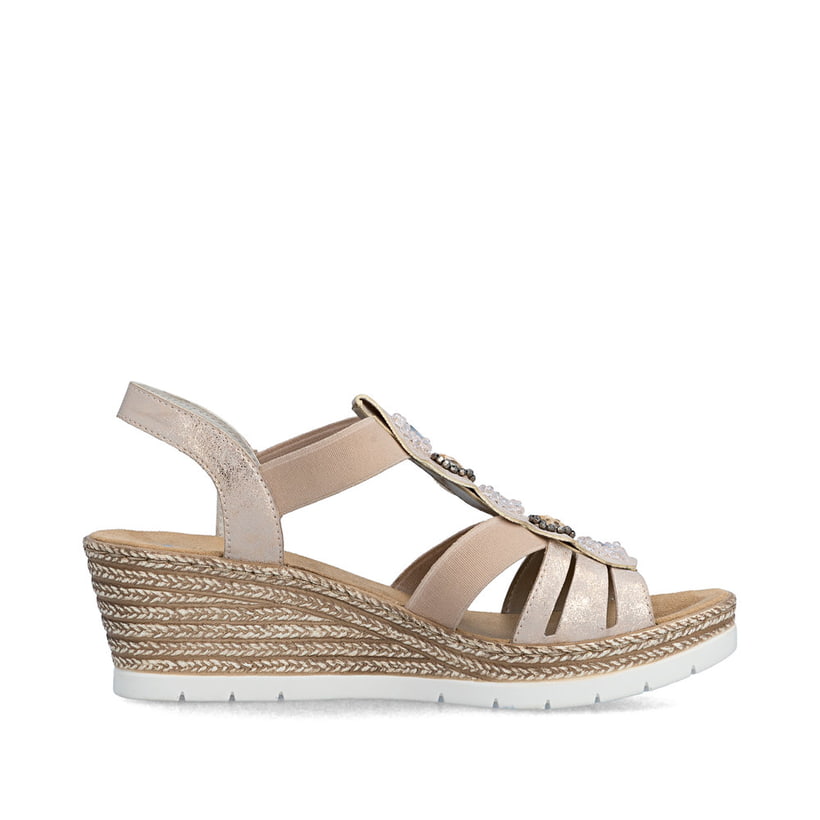 Rosane Rieker Keilsandaletten 619B2-31 mit Schmuckelementen sowie einem Gummizug. Schuh Innenseite.