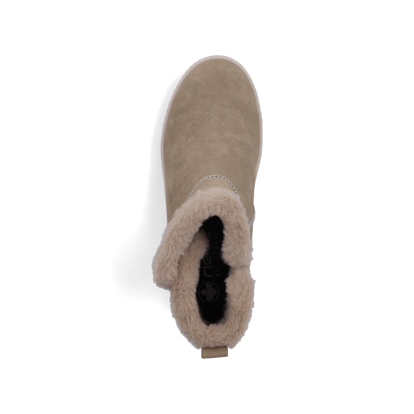 Beige Rieker Damen Kurzstiefel Y6152-20 mit weichem Kragen sowie Reißverschluss. Schuh von oben.