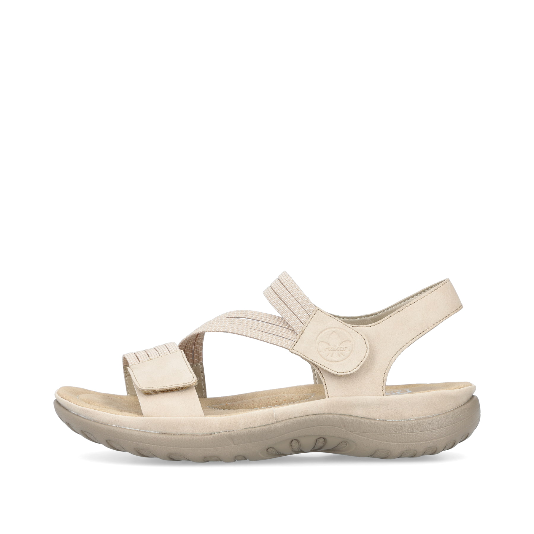 Beige Rieker Damen Trekkingsandalen 64870-62 mit einem Klettverschluss. Schuh Außenseite.