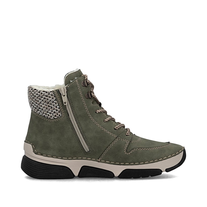 Khaki-schwarze Rieker Damen Schnürstiefel 45955-54 mit Strick-Kragen. Schuh Innenseite.