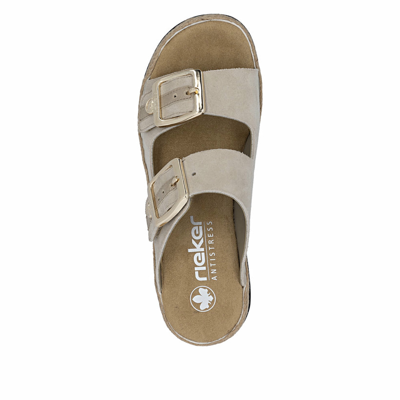 Beige Rieker Damen Pantoletten V7955-60 aus Rauleder mit trendiger Schnalle. Schuh von oben.