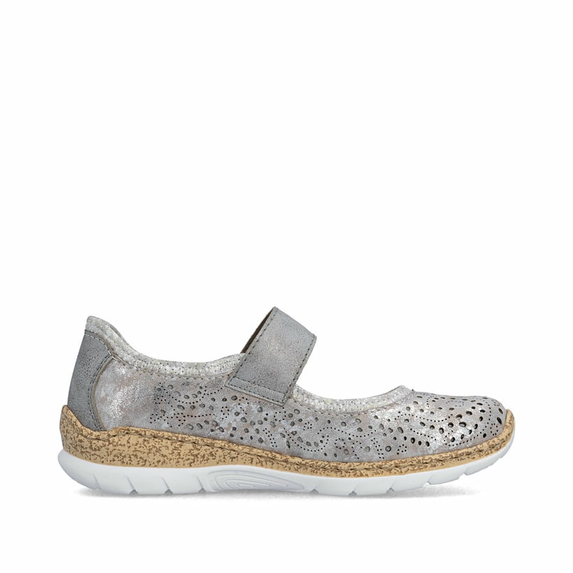 Beige Rieker Ballerinas N4299-90 mit metallischem Finish sowie Klettverschluss. Schuh Innenseite.