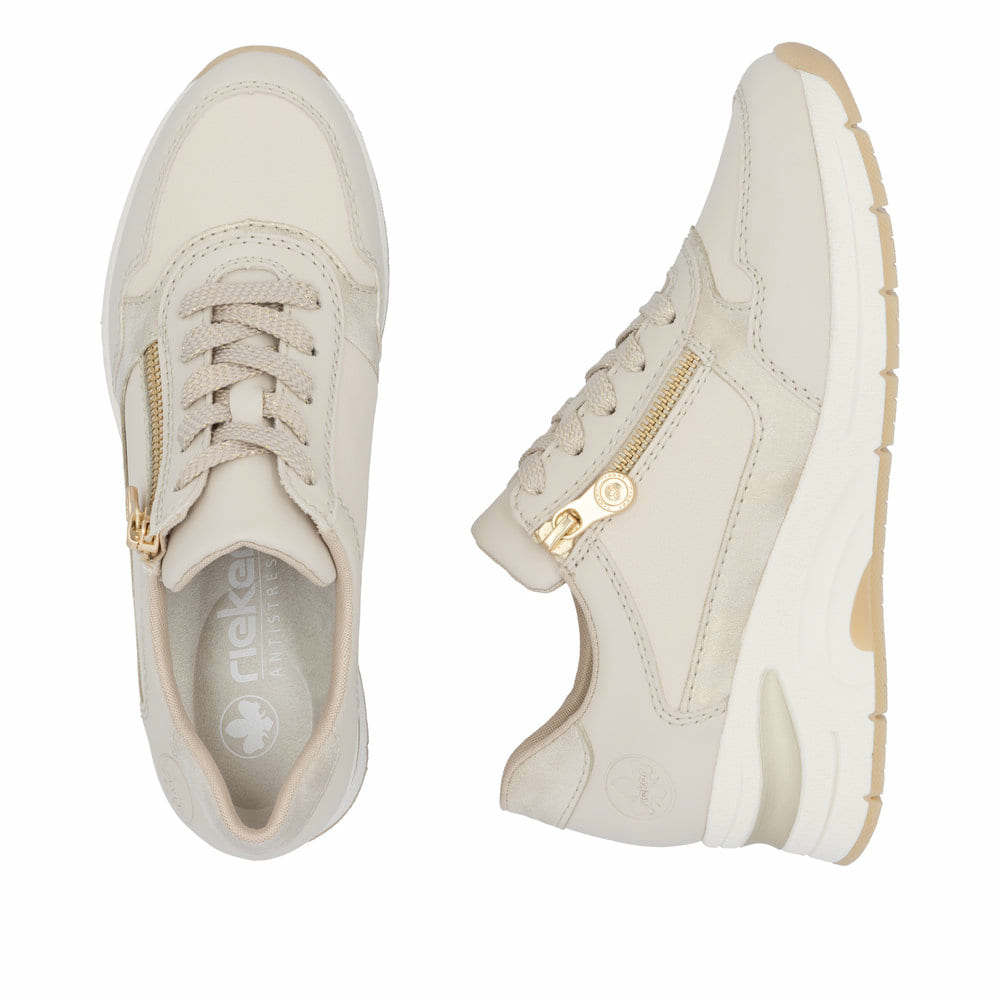 Baskets basses Rieker beiges pour femme N9301-60 avec fermeture éclair. Chaussure vue de dessus, couchée.
