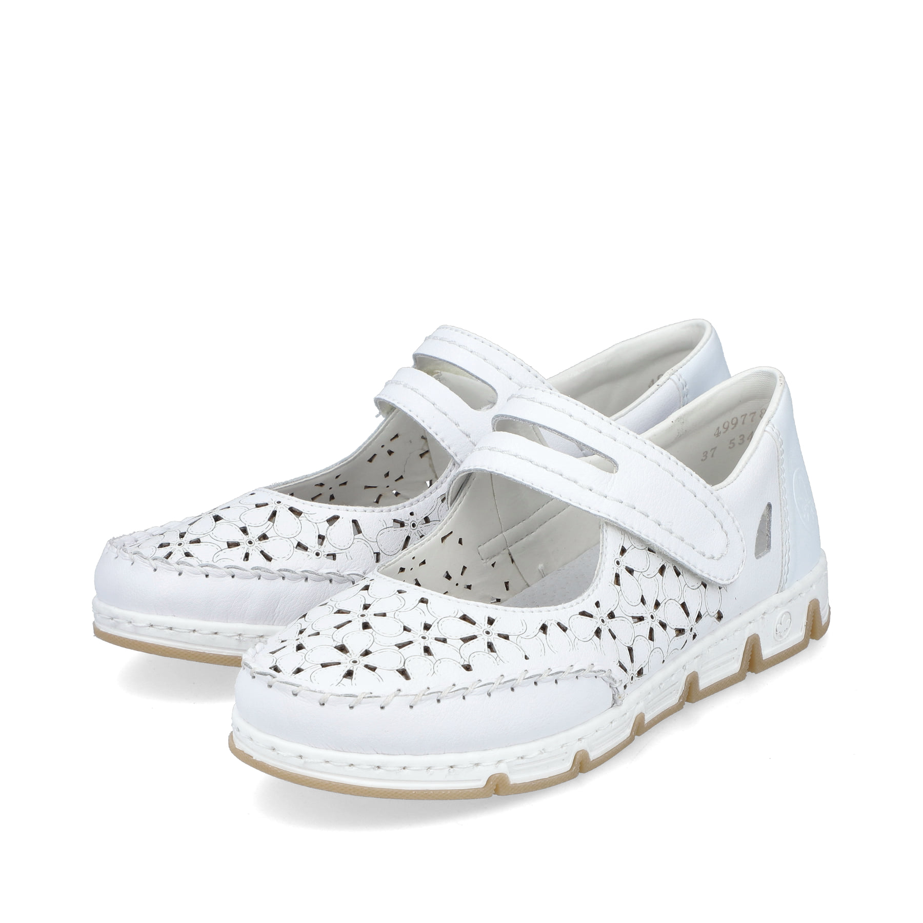 Weiße Rieker Ballerinas 49977-80, Barfußschuhe mit einem Klettverschluss. Schuhpaar seitlich schräg.