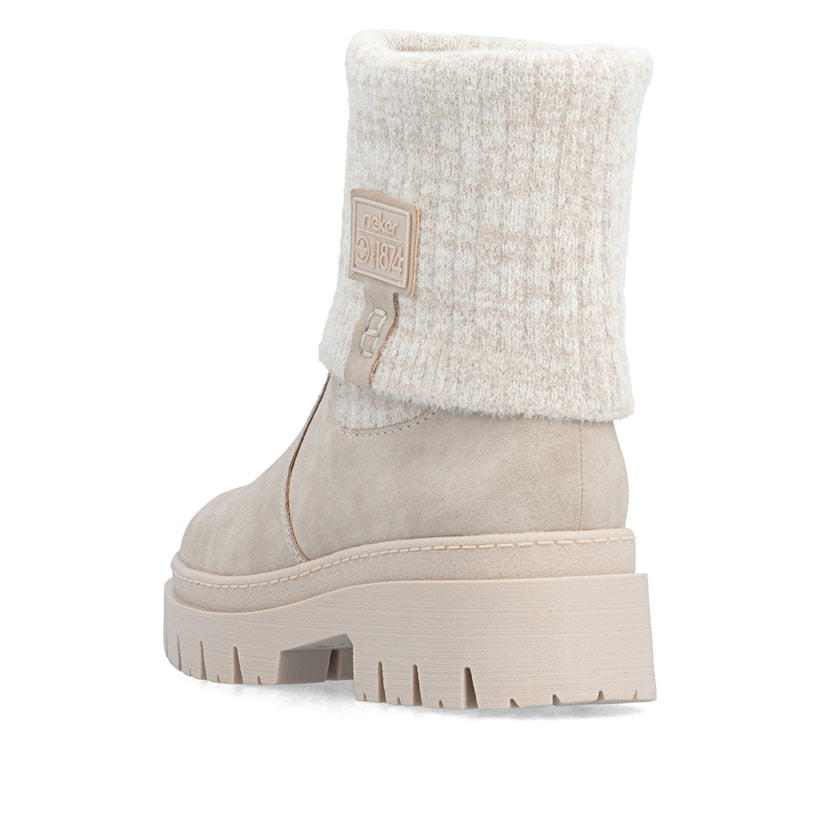 Taupefarbene Rieker Damen Kurzstiefel Z9450-60 mit umschlagbarem Schaft. Schuh von hinten.