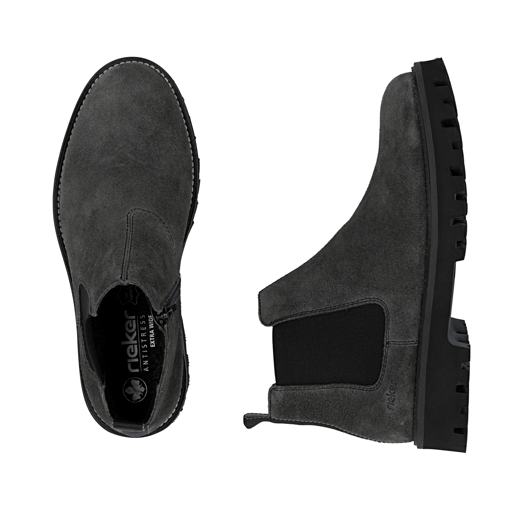Graue Rieker Herren Chelsea Boots 30453-45 aus Rauleder mit einem Reißverschluss. Schuh von oben, liegend.