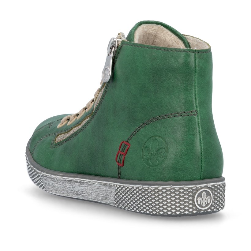 Hellgrüne Rieker Damen Schnürstiefel Z1221-53 mit schwarzen Nähten. Schuh von oben.