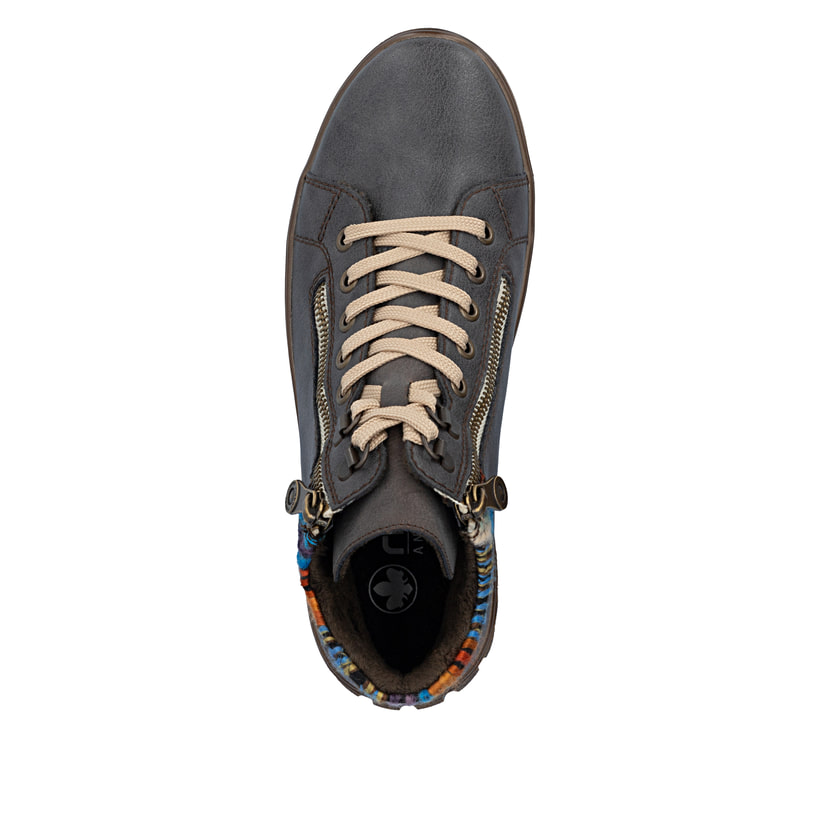 Dunkelgraue Rieker Damen Schnürstiefel N1305-45 aus Glattleder. Schuh von oben.