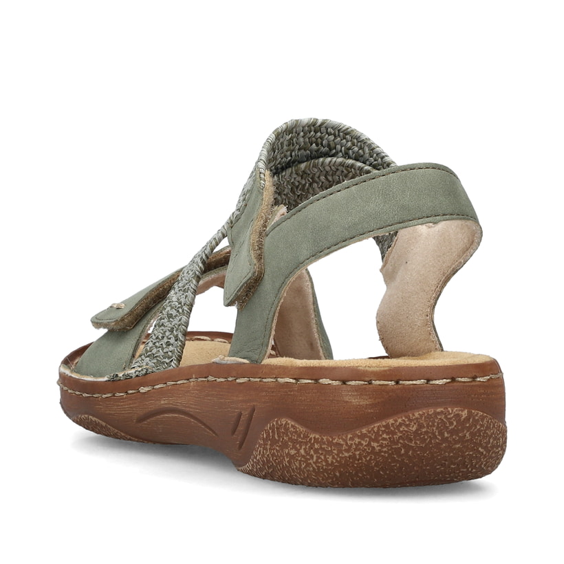 Grüne Rieker Damen Riemchensandalen V2862-52 mit einem Klettverschluss. Schuh von hinten.