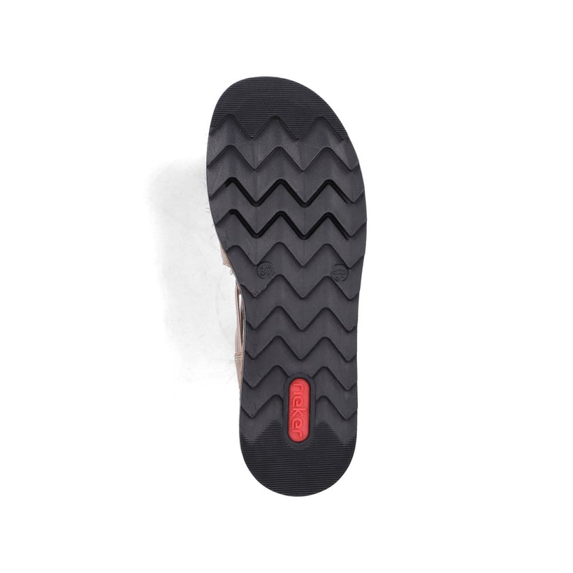 Beige Rieker Keilsandaletten V7972-60 mit metallischem Finish sowie Gummizug. Schuh Laufsohle.