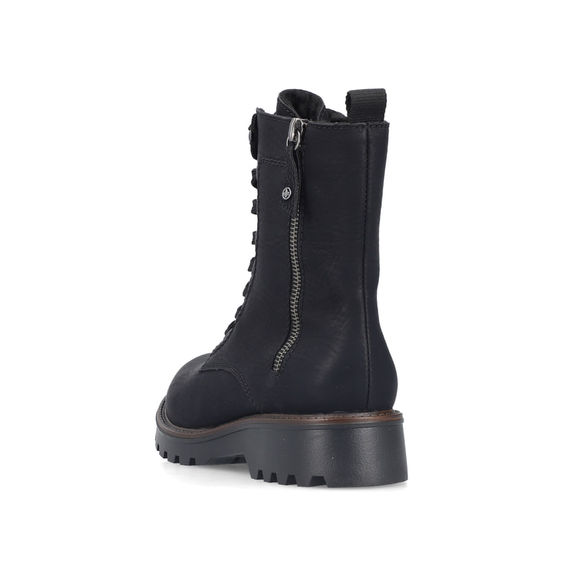 Schwarze Rieker Damen Biker Boots 73210-00 mit einem Reißverschluss. Schuh von hinten.
