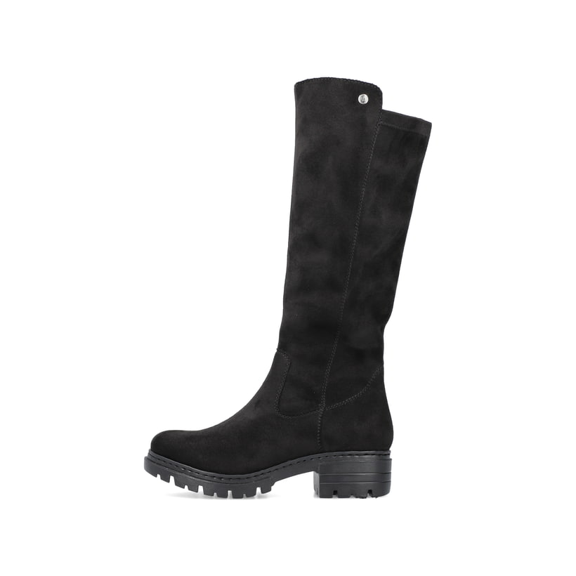 
Tiefschwarze Rieker Damen Hochschaftstiefel 76890-00 mit einer robusten Profilsohle. Schuh Außenseite
