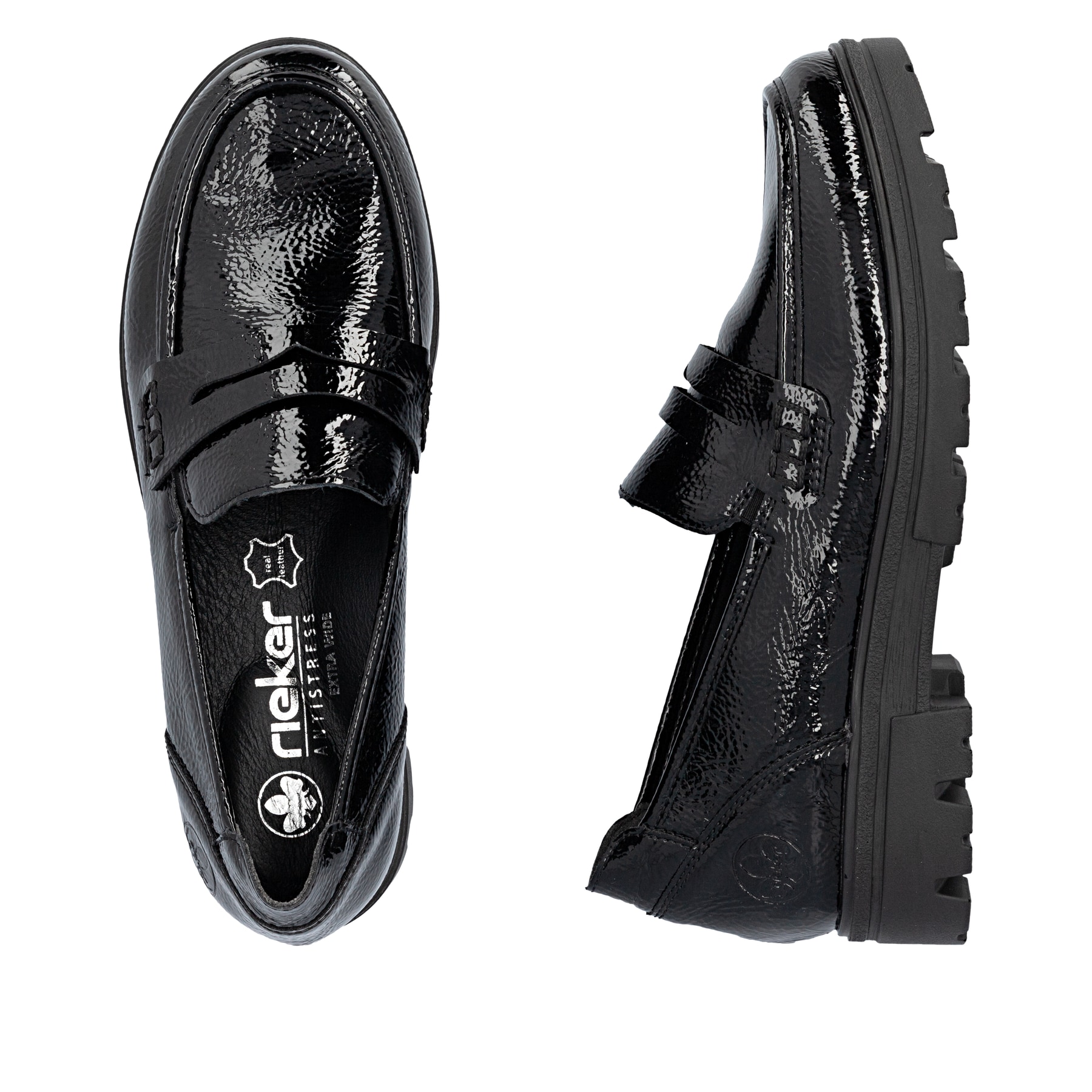 Mocassins Rieker noirs pour femmes 43050-00 avec bande élastique. Chaussure vue de dessus, couchée.