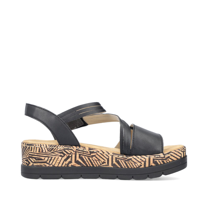 Schwarze Rieker Keilsandaletten V3964-02 mit stilvollem Muster. Schuh Innenseite.