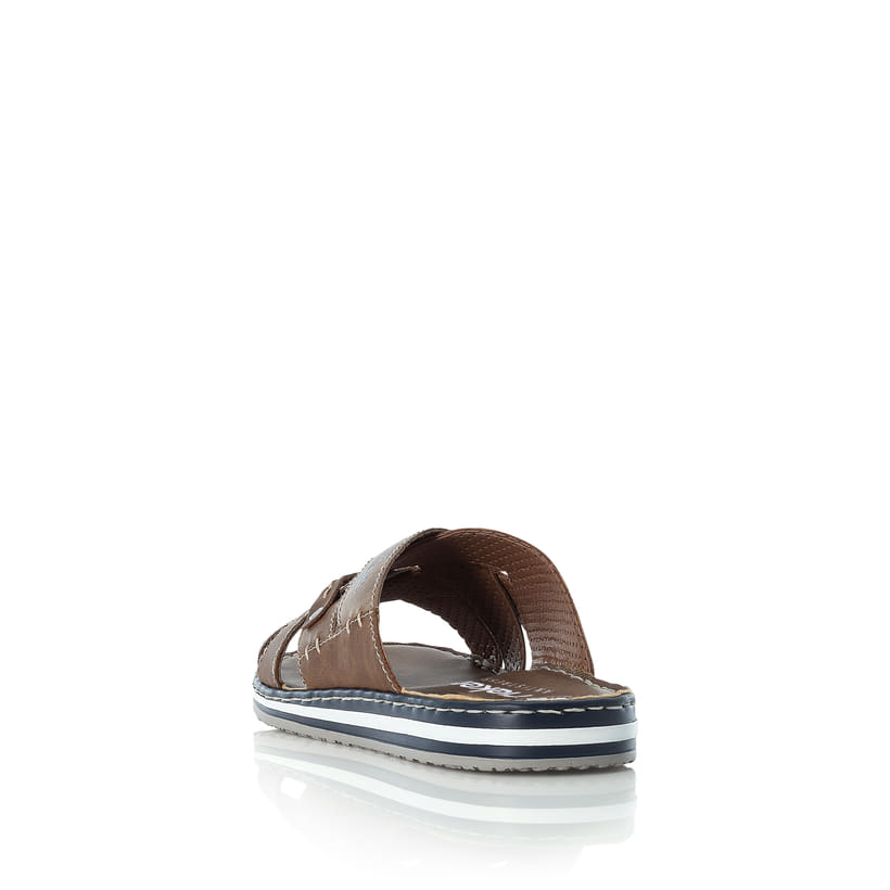 Braune Rieker Herren Pantoletten 21599-24 mit der Komfortweite G. Schuh von hinten.
