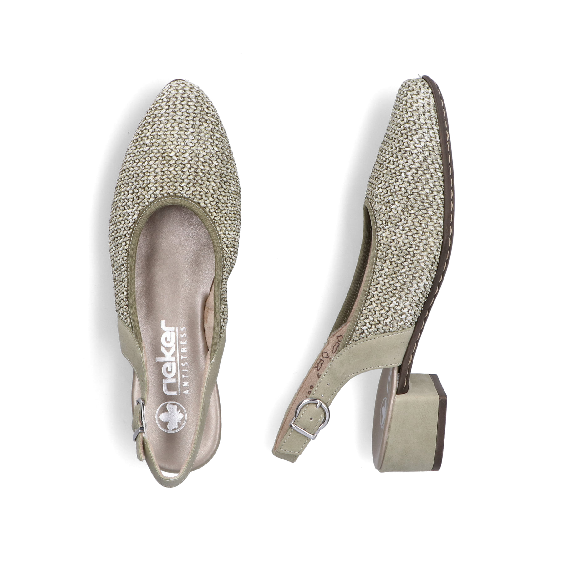 Grüne Rieker Slingpumps 47060-52 mit Schnalle sowie schockabsorbierender Sohle. Schuh von oben, liegend.