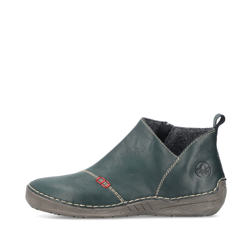 Petrolfarbene Rieker Damen Slipper 52574-54 mit einem Reißverschluss. Schuh Außenseite.