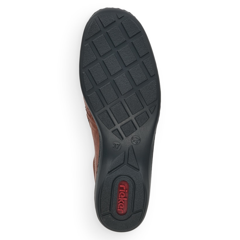 Braune Rieker Damen Kurzstiefel 58386-22 aus Glattleder mit einem Reißverschluss. Schuh Laufsohle.