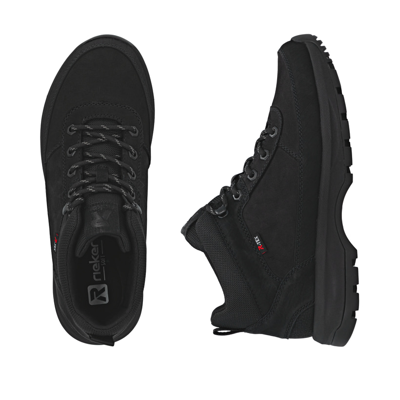 Schwarze Rieker Herren Schnürstiefel U1670-00 mit wasserabweisender TEX-Membran. Schuh von oben, liegend.