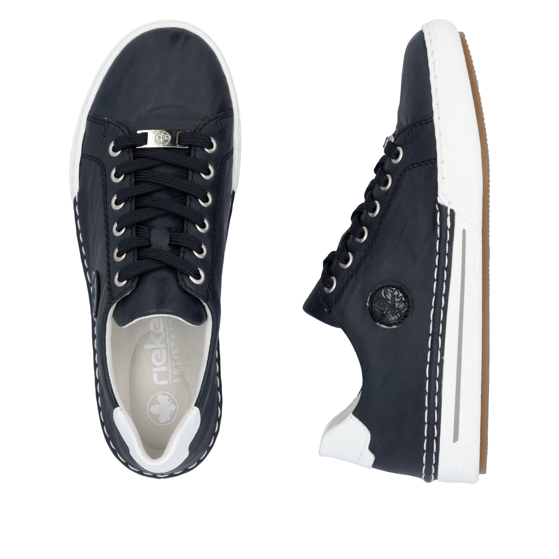 Blaue Rieker Damen Schnürschuhe L7210-14 mit einer herausnehmbaren Einlegesohle. Schuh von oben, liegend.