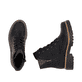 Schwarze Rieker Damen Biker Boots 72617-00 mit Deko-Reißverschluss. Schuh von oben, liegend.