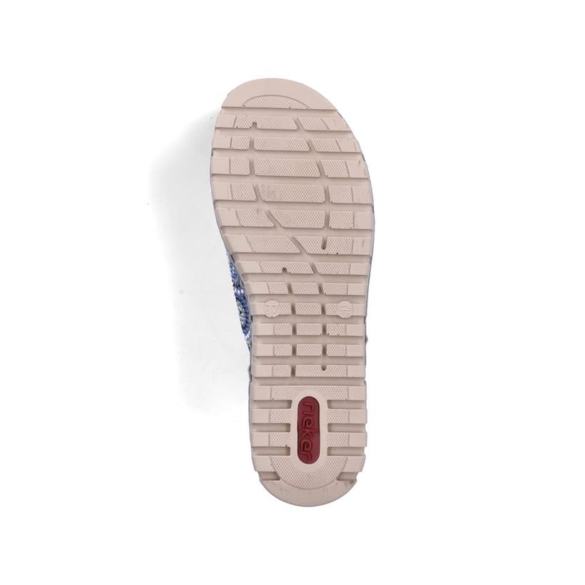 Blaue Rieker Damen Pantoletten V1395-14 mit Strasssteinen sowie Klettverschluss. Schuh Laufsohle.