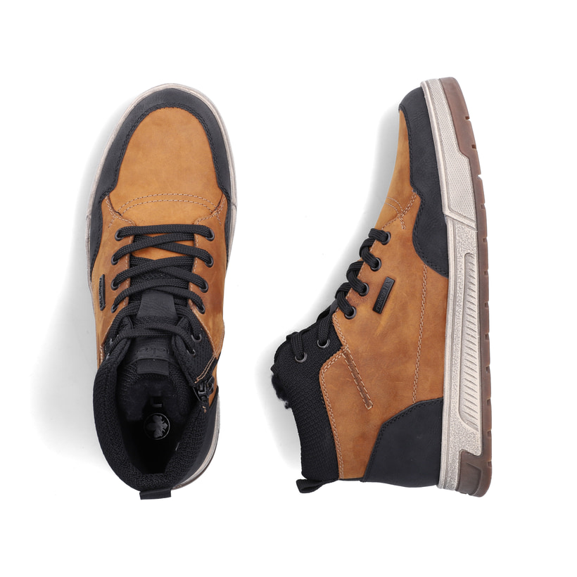 Goldgelb-braune Rieker Herren Sneaker High 36042-68 aus Rauleder. Schuh von oben, liegend.