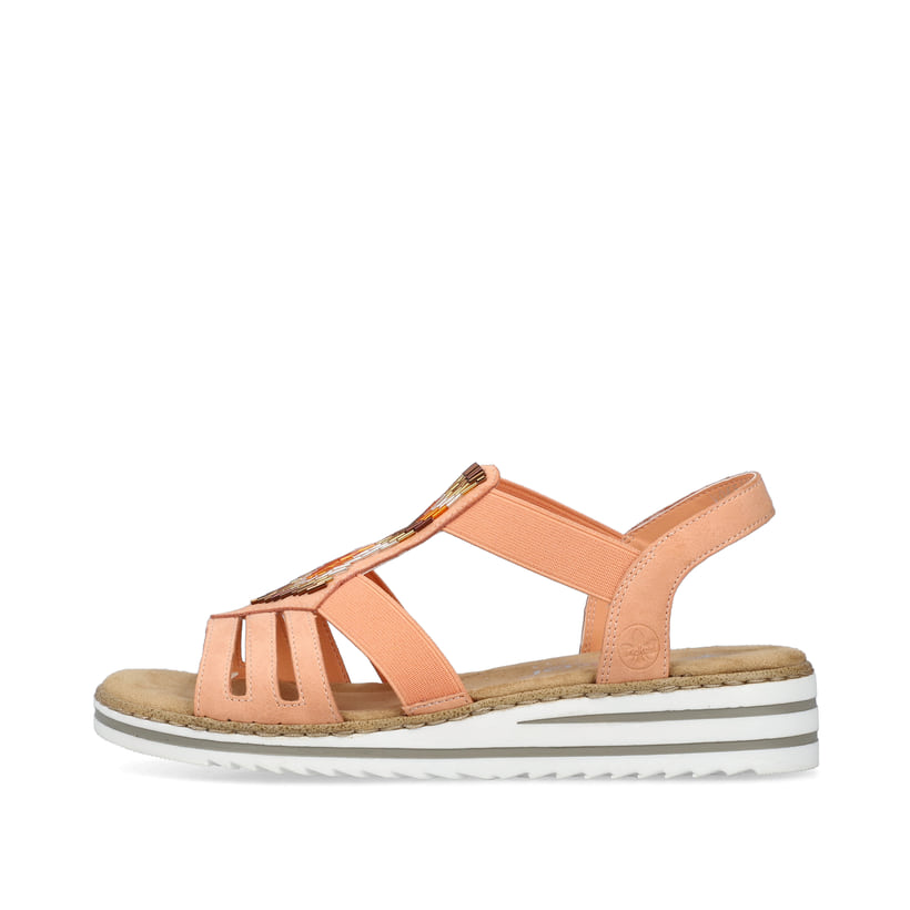 Pfirsichfarbene Rieker Keilsandaletten V0651-38 mit einem Elastikeinsatz. Schuh Außenseite.